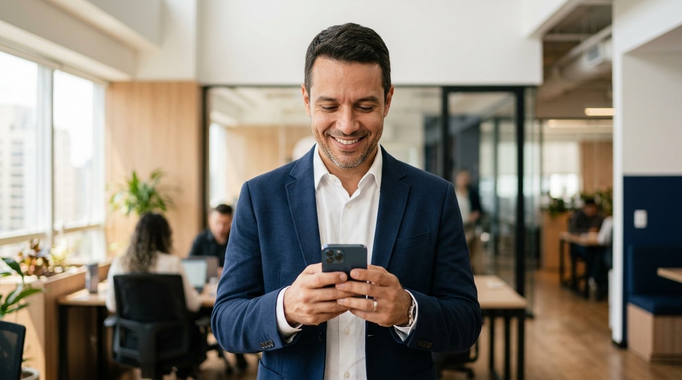 Homem sorrindo usando o certificado digital no celular
